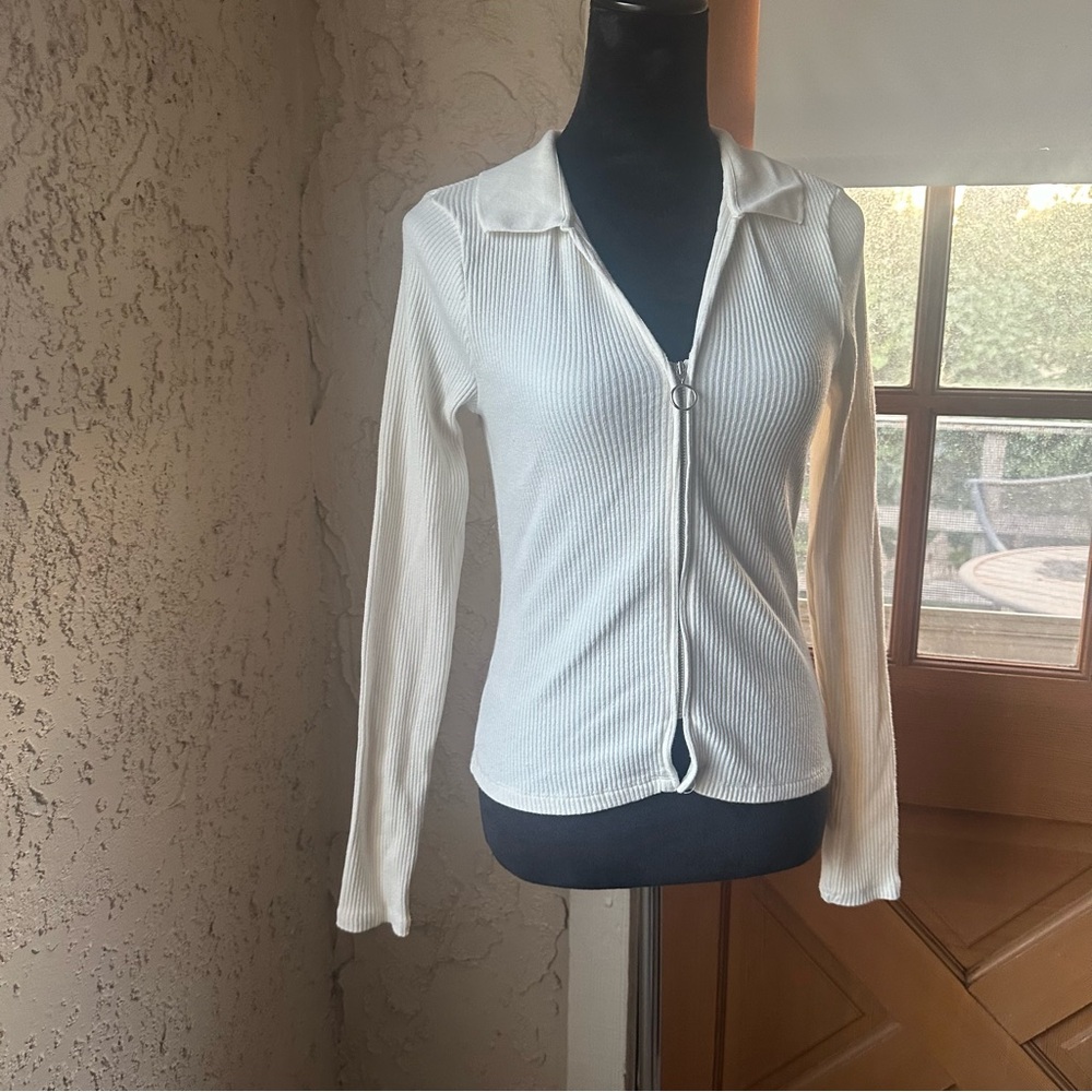 🦋 Mango Cream Ribbed Knit Zip Up Collared Long Sleeve Sweater
